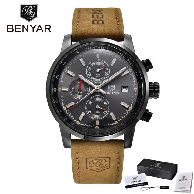 Красный Мужские часы BENYAR, модный бренд, спортивные кварцевые часы, кожаный Хронограф, водонепроницаемые часы, военные мужские часы horloges mannen - Цвет: Красный