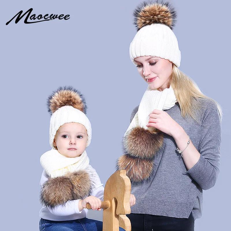 

Beanie Bones Parent-child Cap and Scarf Set Cute Kid Baby Fur Pompon Winter Knitted Hat Cap Three Nature Fur Pom Pom Balls 2019