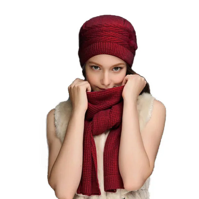 Red Cap And Scarf FS Зимняя шерстяная вязаная шапка, шапочка, шарф, комплект для женщин, вязаные шапочки-шапочки, коричневые, Серые меховые шапки с помпоном, капот Foulard Femme - Цвет: Red Cap And Scarf