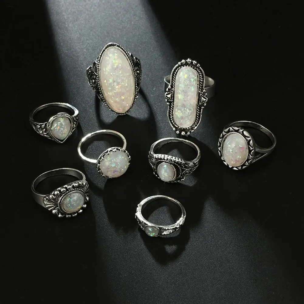 mrwonder 8pcs/set Geometric Pattern Crystal Rings Set Simulate Opal for Women Party Supplies san0 | Украшения и аксессуары