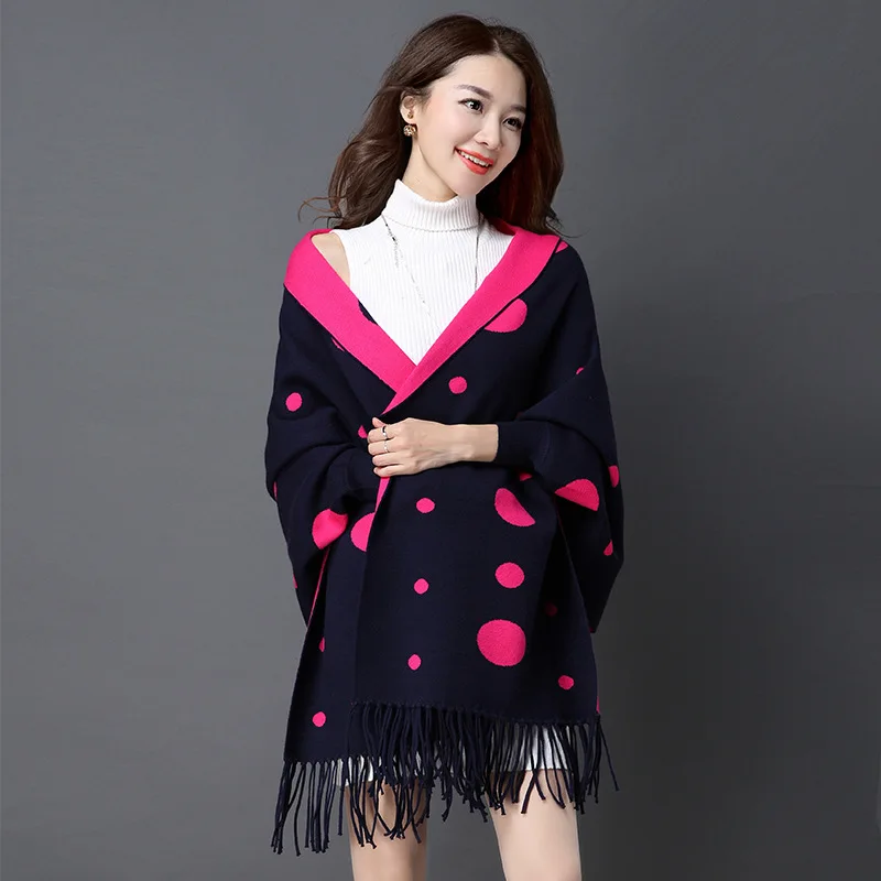 

2018 Lady Knitted Thick Poncho Autumn Winter Shawl Fashion Printed Dot Tassel Cardigans Casual Wrap Open Stitch Cloak