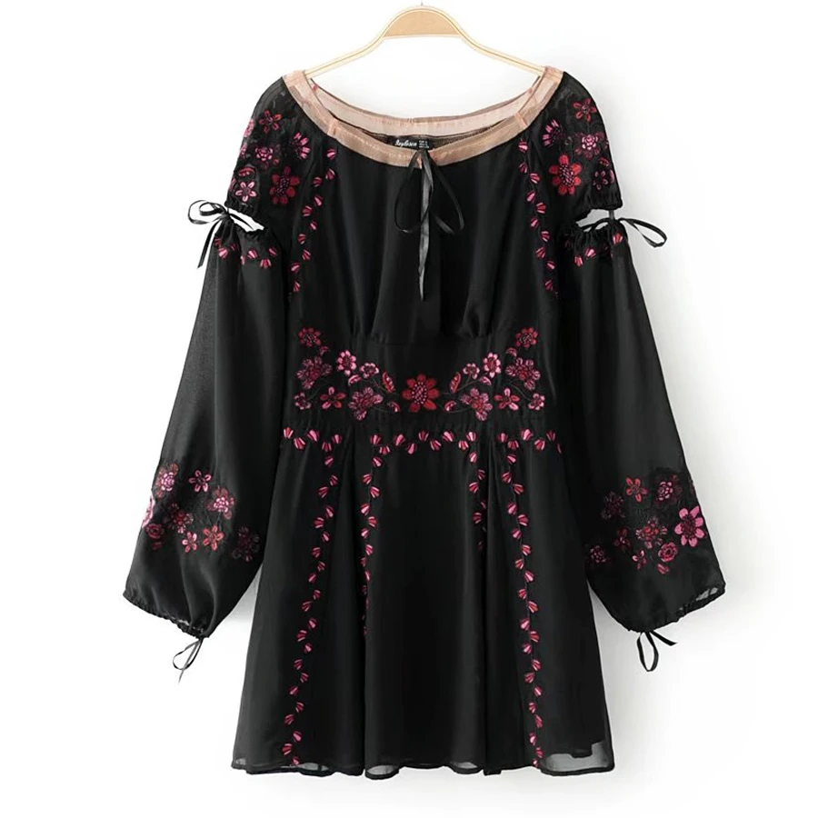 Цветочный Вышивка Chic Boho платье 2017 новые винтажные О-образным вырезом с длинным