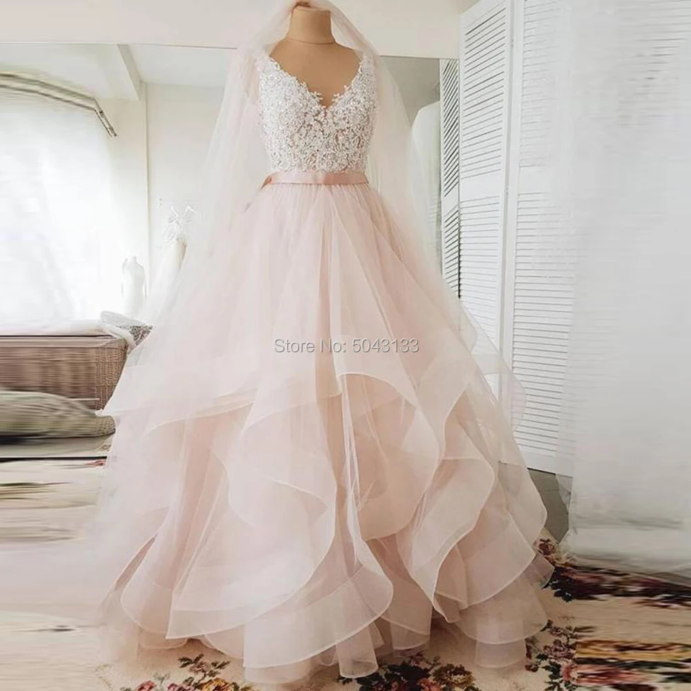 V Neck Ball Gown Blush Pink Wedding Dresses with Appliques 2021 Sexy Backless Ruffle Tulle Skirt Sleeveless Bride Gown with Belt