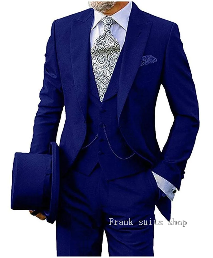 Royal Blue Single Breasted vest Long tail coat Wedding Suits for Men Peaked Lapel Mens Suit Evening Party Gentlemen Tuxedos