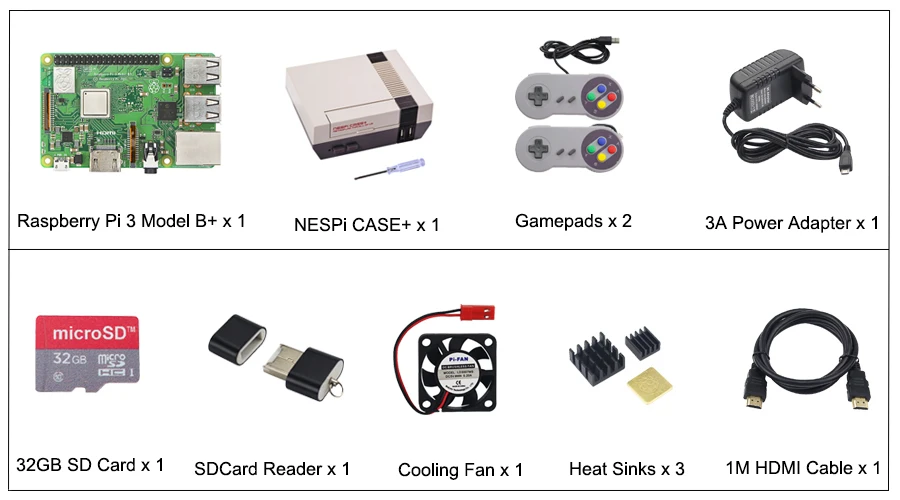 Чехол NESPi+ Raspberry Pi 3 Model B+ комплекты+ sd-карта 32 ГБ+ адаптер питания 3 А+ теплоотвод+ 2 геймпада для Retropie