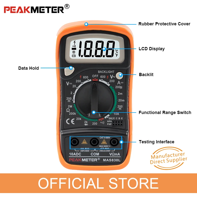 Официальный PEAKMETER MAS830L портативный ручной мультиметр для постоянного или переменного тока Измеритель сопротивления напряжения