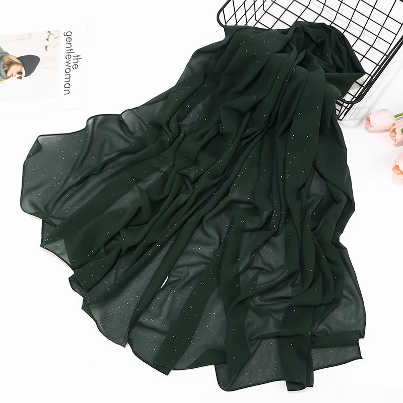 10 ink green Мусульманский монохромный Высококачественный тонкий вентиляционный хиджаб посыпать золотой светло-жемчужный шифоновый шарф Тюрбан, головной платок оптом - Цвет: 10 ink green