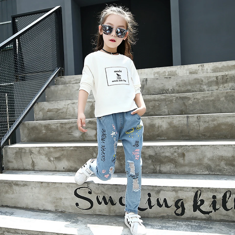 Детские летние джинсы для девочек новинка 2017 осенние джинсовые брюки больших с