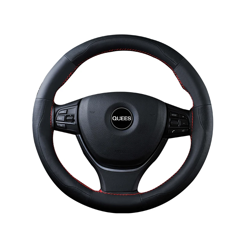 Pure Black QUEES крышка рулевого колеса из натуральной кожи с иглой и нитью для шитья вручную - Название цвета: Pure Black
