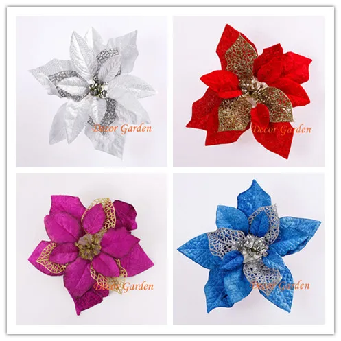 

wholesale 5colors 20CM For christmas decoration artificial flowers silk flowers Christmas poinsettia flower heads gold dust