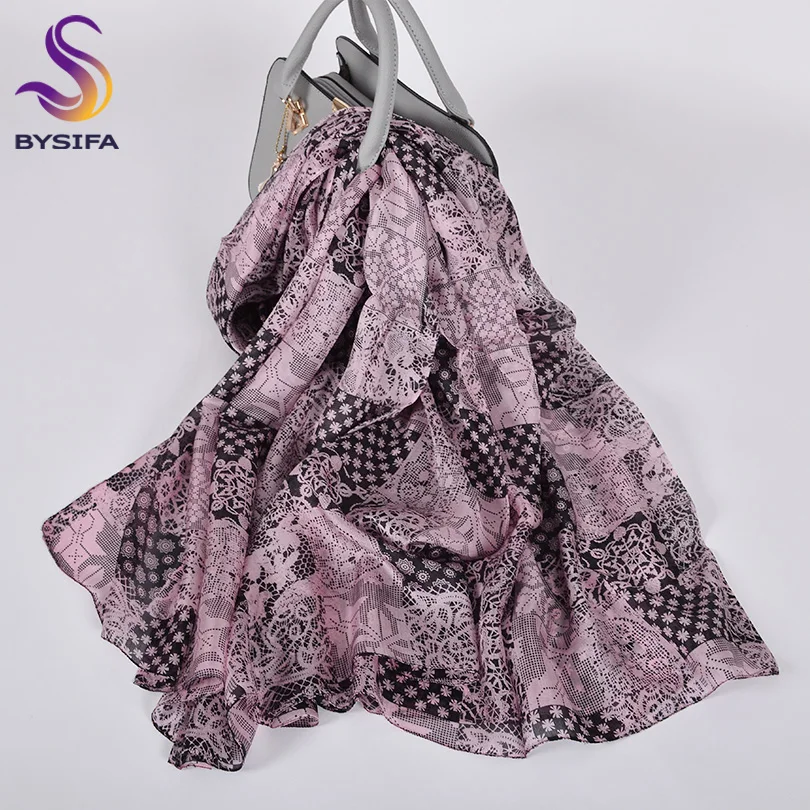 

[BYSIFA] New Luxury Brand 100% Pure Silk Scarf Shawl Women Long Scarves Printed Pink Black And Black White Beach Shawl 180*110cm