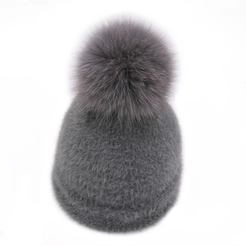 Grey - Hat Зимняя винтажная женская и детская шапка из искусственного меха норки, шарф, комплект, однотонные дамские шапочки, шапки, шарфы, шапки для девочек с помпоном из меха лисы - Цвет: Grey - Hat