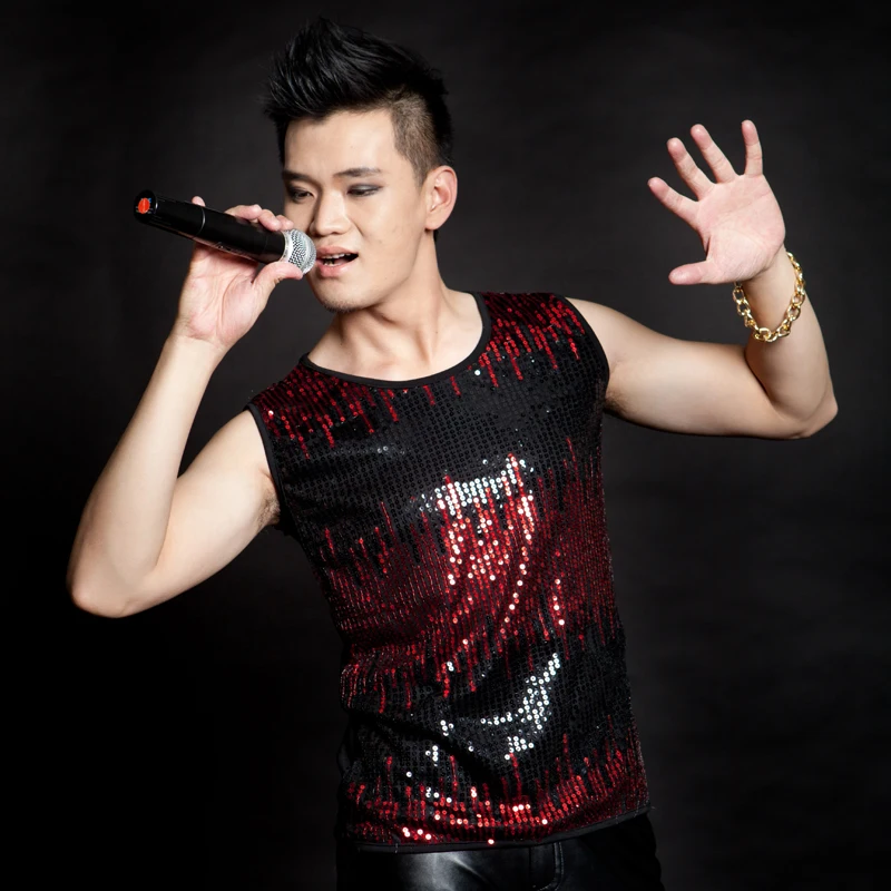 

New Fashion Men Jazz Dance Costumes Hip Hop Dancing Clothes Tops Clothing Man Stage Club Performance Sequin Vest DWY497