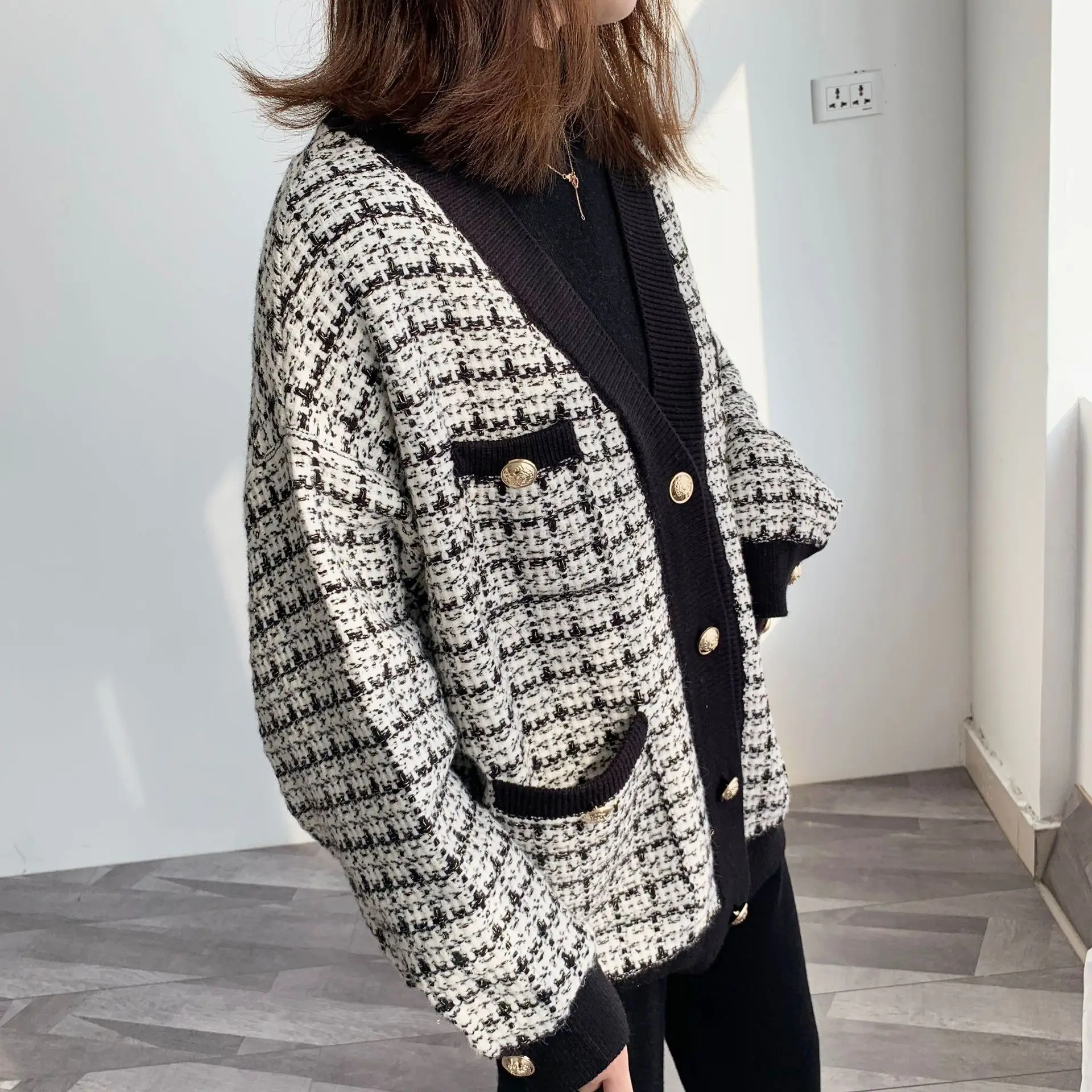 В винтажном стиле Сезон весна осень в клетку мягкие шерстяные вязаные жакеты