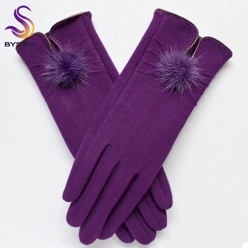 BYSIFA-guantes de lana de bola de visón para mujer, diseño de apertura de moda, mitones elegantes y suaves, color negro, Invierno