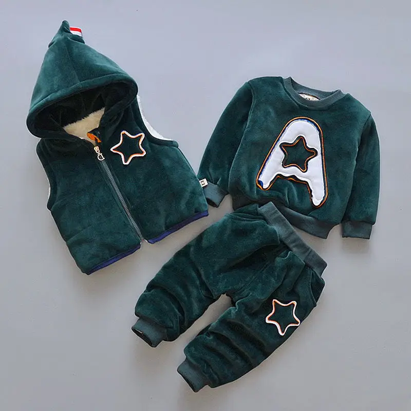 Winter Children Clothing Set Stars Kids Boys Long Sleeve Fleece Shirt +vest + Full Pants 3PCS Suit Warm Baby Girls | Детская одежда и
