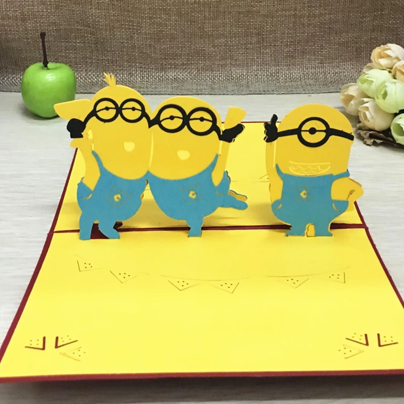 1pcs Sample Minions Postcard Greeting Gift Cards Kraft Kirigami 3D Handmade Pop Up Laser Cut with Envelope Kids Birthday Gifts | Дом и сад