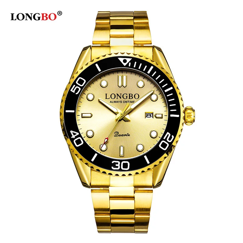 Мужские спортивные часы Longbo с поворотным ободком сапфировое стекло Gmt золотистые