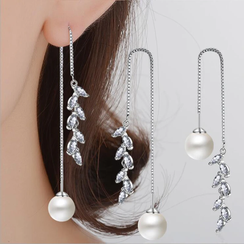 

KOFSAC New Fashion 925 Silver Earrings For Women Valentine's Day Elegant Crystal Leaf Pearl Eardrop Long Ear Line Jewelry Gifts