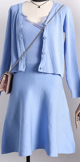 Синий ALPHALMODA, коллекция года, весеннее вязаное платье и кардиганы, костюмы из 2 предметов, куртка с длинными рукавами+ платье на бретельках с кружевным воротником, Изящные комплекты из 2 предметов - Цвет: Синий