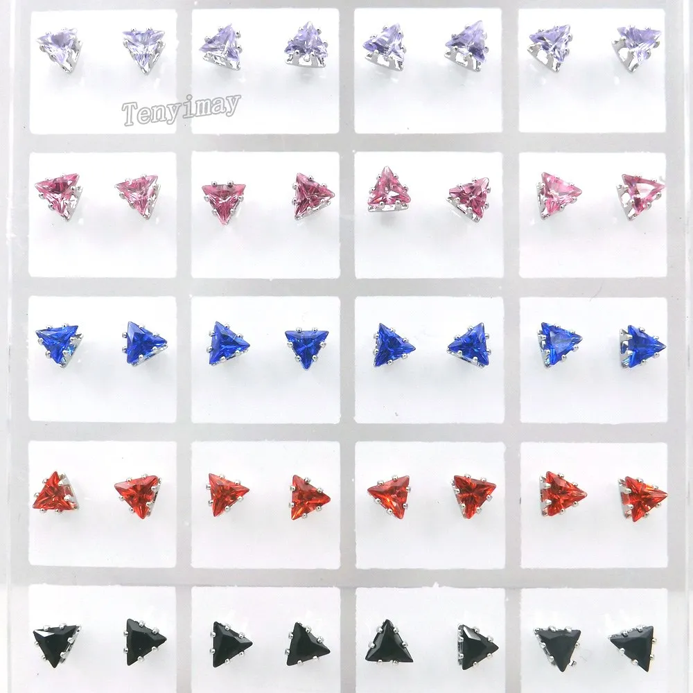 ЦИРКОНИЕВЫЕ серьги, оптовая продажа, 36 парт/Лот, 9 цветов, 5 мм, треугольные серьги-гвоздики, Модные женские ювелирные изделия
