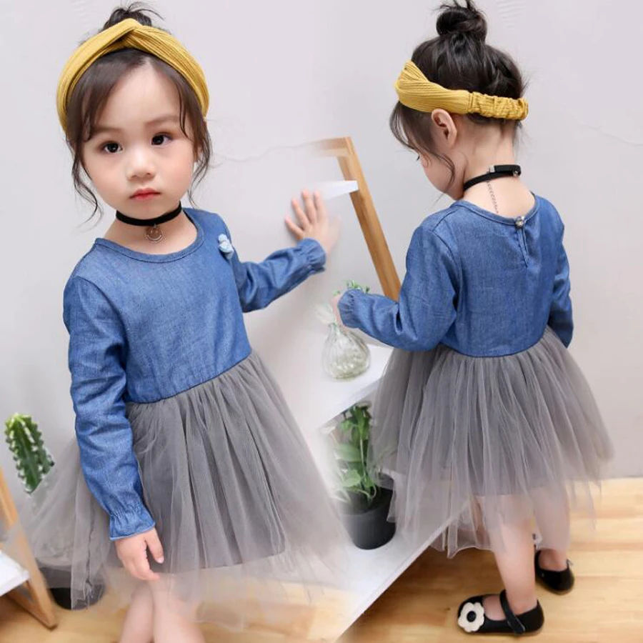Spring and autumn new children's long-sleeved dress girls cowboy mesh princess | Детская одежда и обувь
