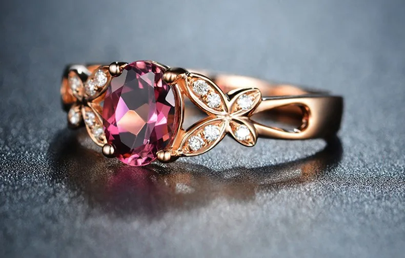 ZOCAI ЗОДИАК GEM огненных знаков Бабочка Концерт 0.6CT Рубеллит RED турмалина Алмаз Кольцо овальным вырезом 18 К розовое золото