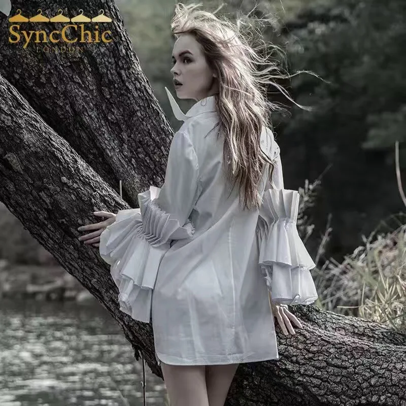 Женская плиссированная рубашка средней длины с расклешенными рукавами блузка