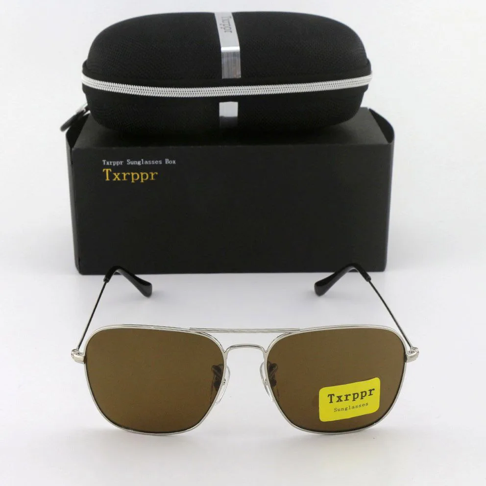 

Txrppr Fashion Rectangle Sunglasses For Mens Womens Eyewear Sun Glasses Silver Metal Brown 58mm Glass Lenses With Box