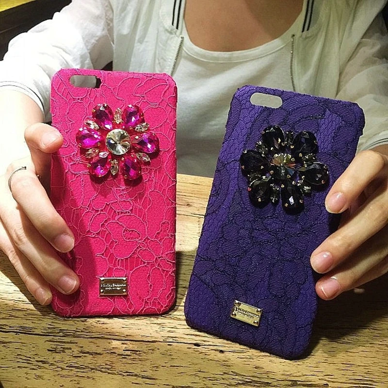 Новый Роскошный DG Шнурка Frabric Кристалл Алмаза Цветы Case Для Apple iPhone 6 Plus s 7 Плюс Bling