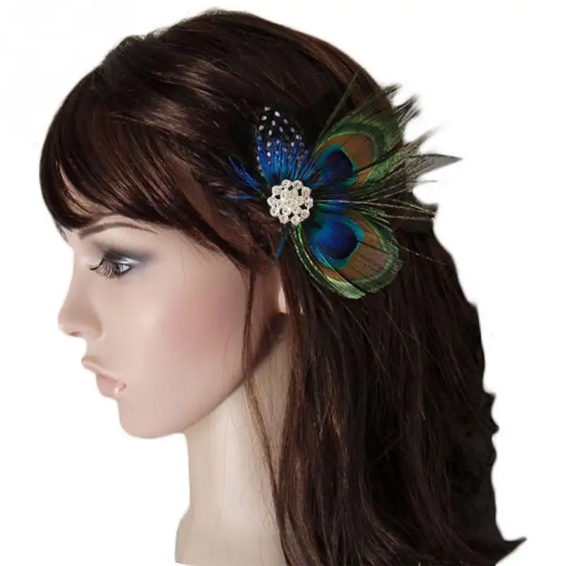 Women Colorful Peacock Feather Headband Crystal Rhinestone Hair Clip hairpin Bridal Wedding Accessory |