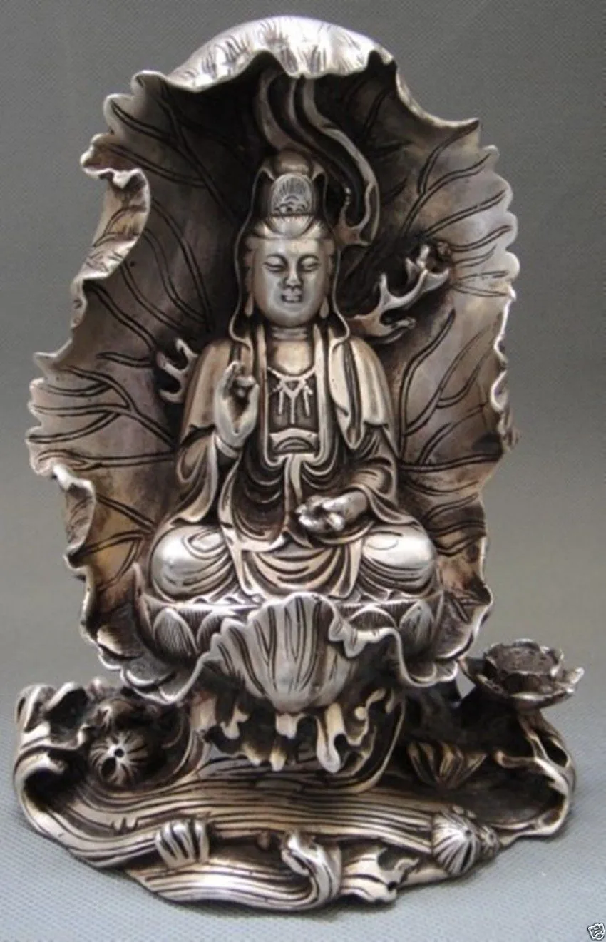 

Exquisite China White Copper Statue of the Guanyin Sitting in A Large Lotus Leaf.
