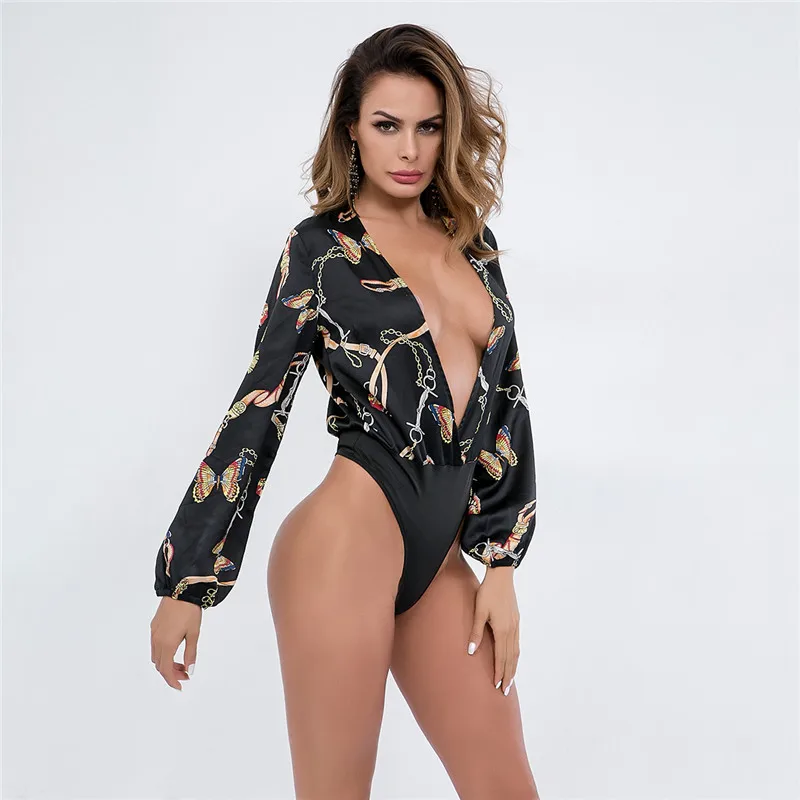 Черные цепи печати блузка тело топ сексуальный глубокий V шеи боди combishirts Femme с