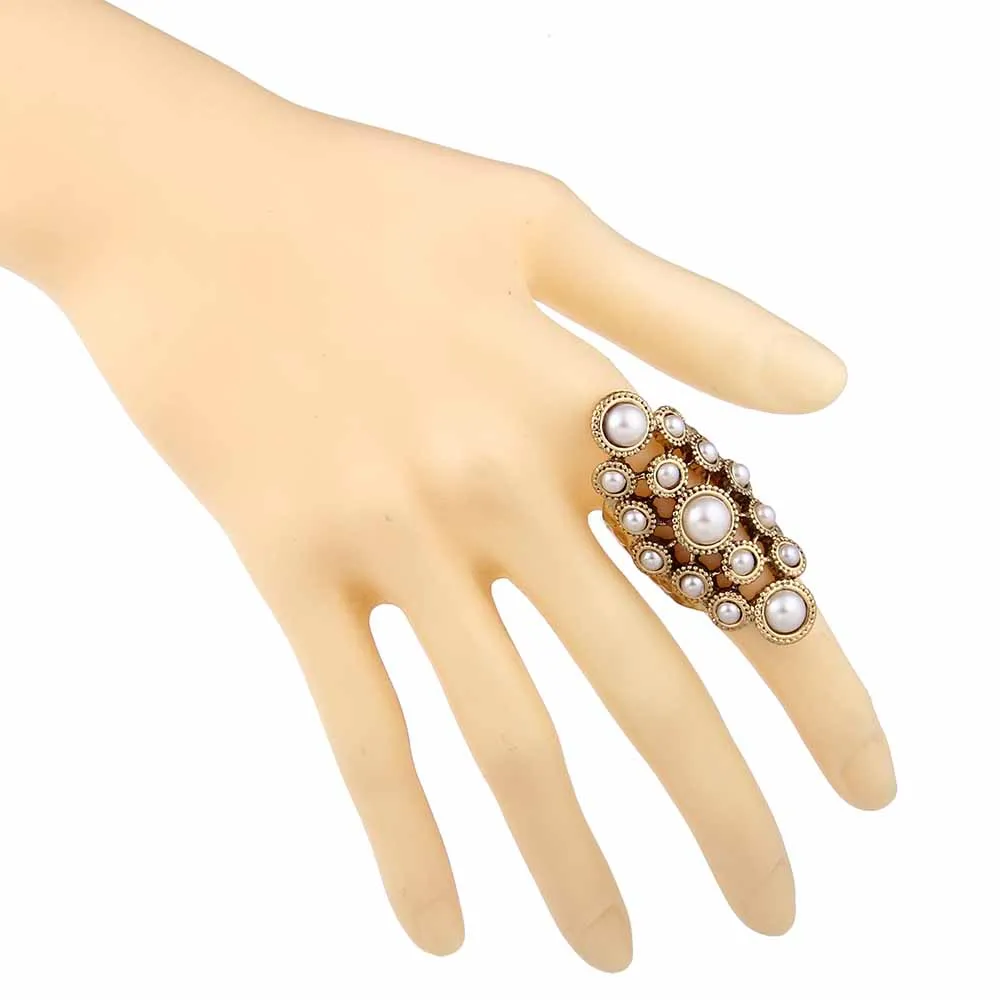 Vintage pearl ring long hollow joints alloy rings Gold Color Flower Big Imitation Gem Stone Rings Jewelry For Women | Украшения и