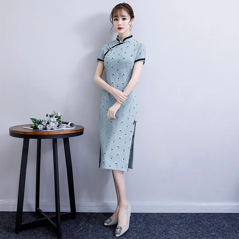 2019 женские летние короткие Cheongsam модная обувь в китайском стиле Платье до колен
