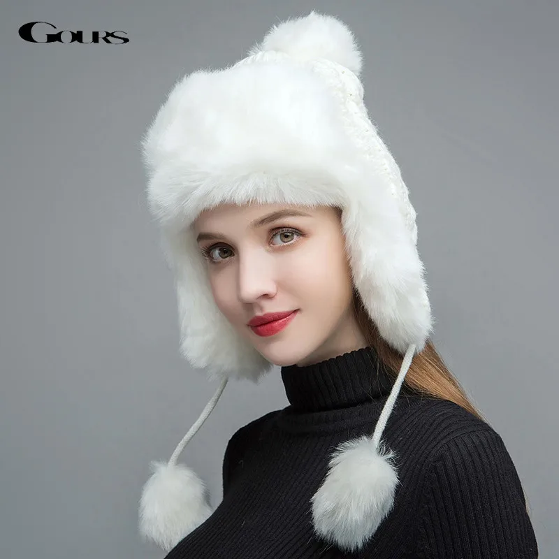 Женские вязаные меховые шапки Gours зимние толстые теплые бомберы из
