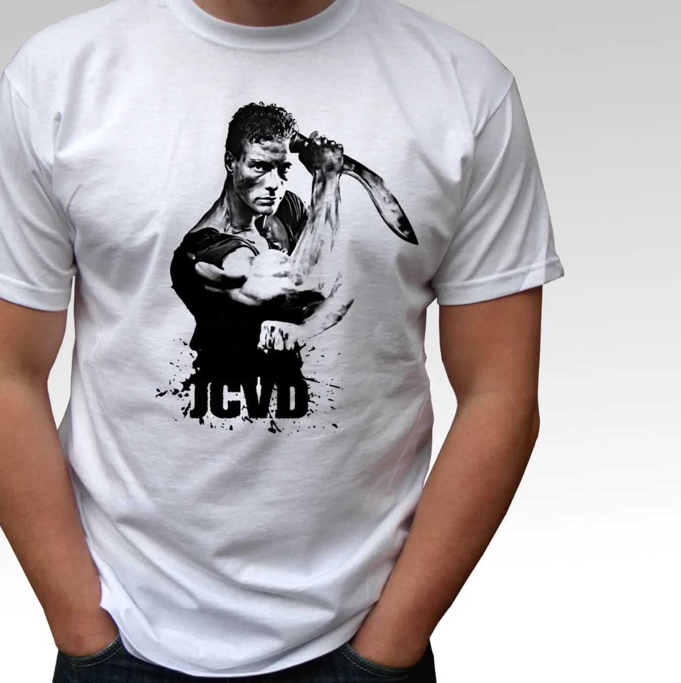 Белая футболка с джинсовым Клодом Ван Дамм jcvd мужские и детские размеры топы в