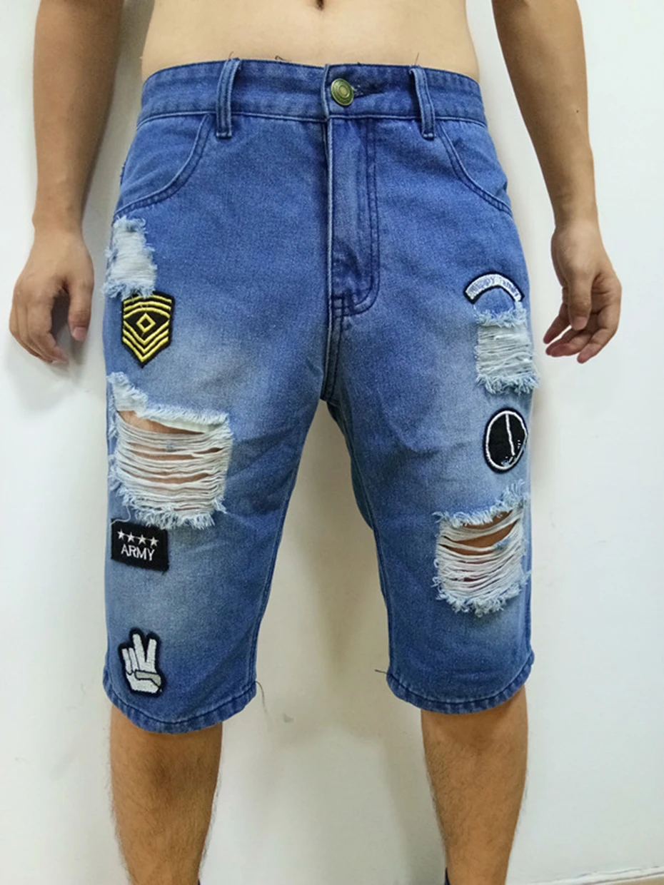 ABOORUN Марка NEW fashion Hi Street Мужская Мода Джинсовые шорты синего цвета с вышивкой рваные джинсовые летние хлопчатобумажные шорты для мужчин x1940