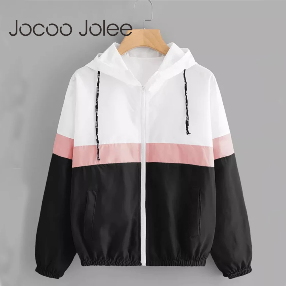 Jocoo Jolee, модная ветровка с капюшоном, куртка в стиле пэчворк, куртки для женщин, цветная куртка на молнии, осень, повседневные пальто, верхняя одежда