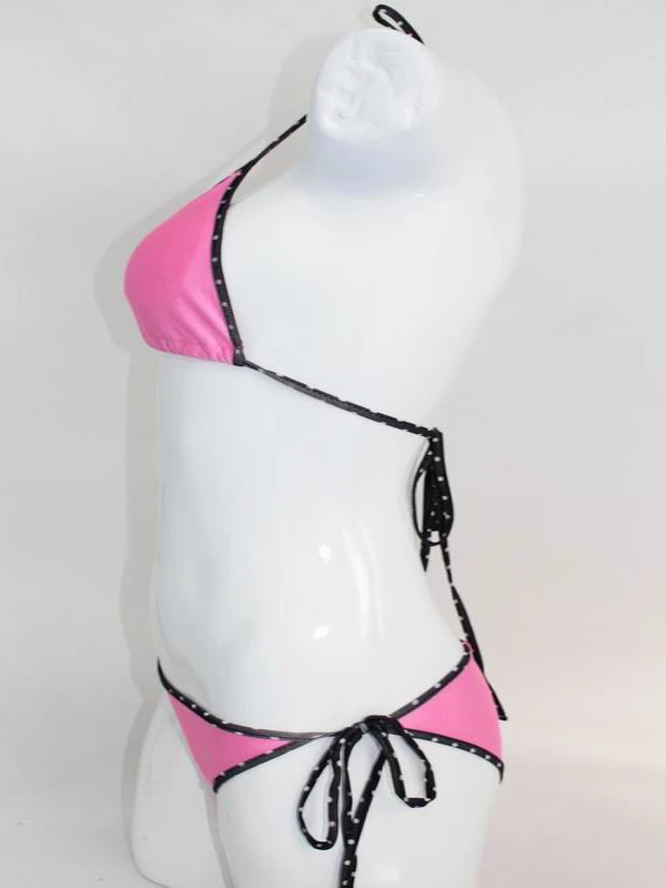 String Swimsuit Pink with Black Mini Dots Trim bikini swimsuit |