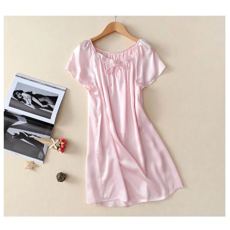 New 100% Pure Silk Nightgown Basic Nightdress Soft Sleepwear Fashion Summer Dress for Skin Care Multicolor