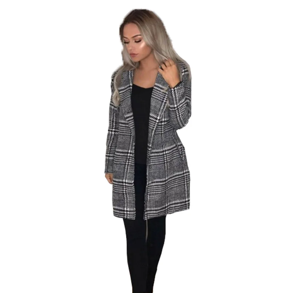 Длинное женское Шерстяное Пальто клетчатая Женская куртка винтажное