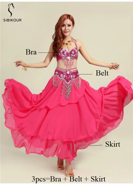 Rose Red 3pcs Женский сексуальный танец живота костюм танец живота Болливуд юбка Болливуд Восточный костюм бюстгальтер пояс Египетский танец одежда - Цвет: Rose Red 3pcs