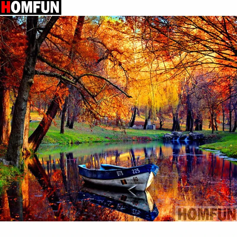 Алмазная 5D картина HOMFUN Осенняя елка лодка вышивка крестиком квадратная/круглая