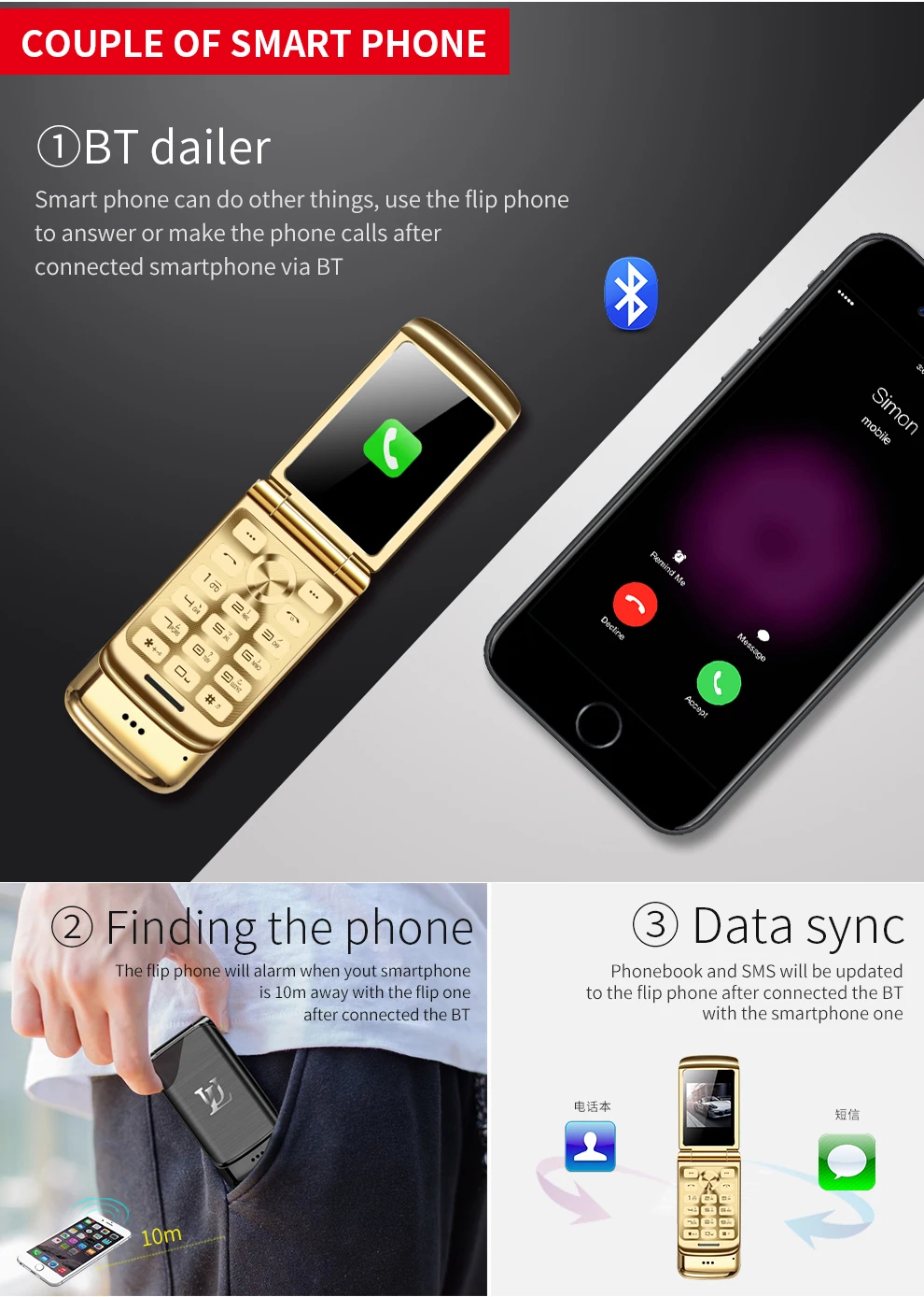 Smalllest флип телефон Ulcool V9 1.54nch маленький экран Bluetooth Dialer FM радио анти потеря супер