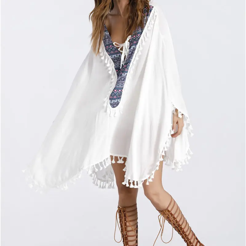 Богемная Пляжная накидка 2019 летняя женская с длинным рукавом белое парео
