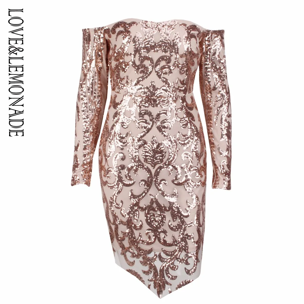 Платье LOVE & LEMONADE розовое золото без бретелек с геометрическим рисунком и