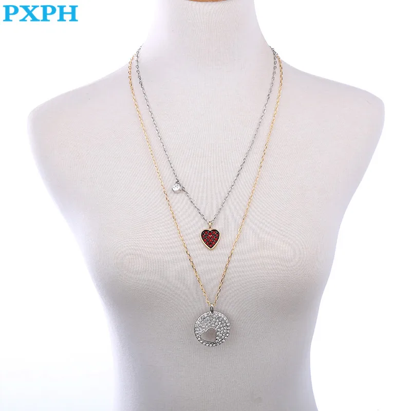Ретро двойной Слои кристалл сердце любовь длинный кулон Цепочки и ожерелья для