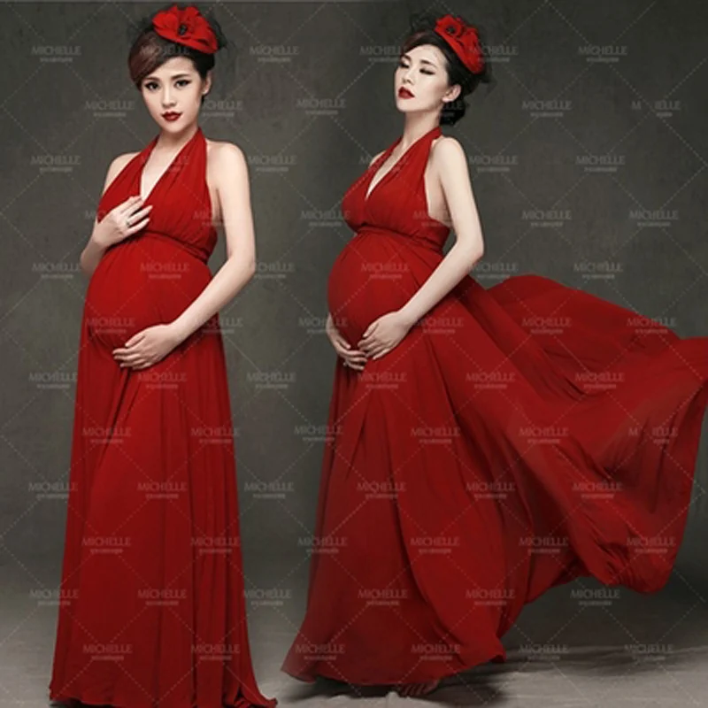 2016 Pregnant Photography Props Elegant Pregnant Red Dress Maternity Photography Dress Fancy Pregnancy Photo Shoot Baby shower