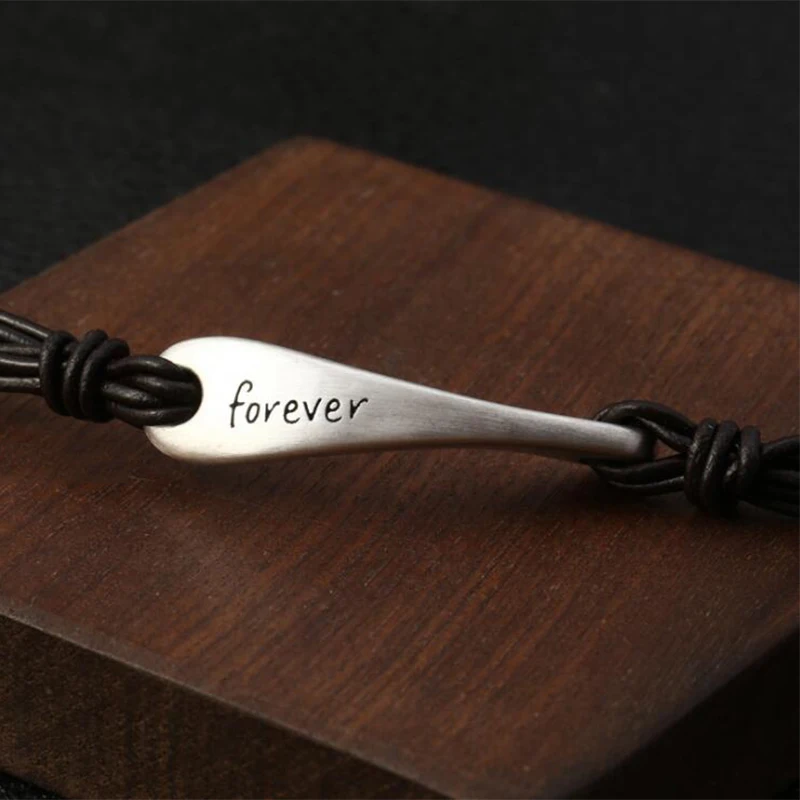Женские браслеты с буквами Forever Love и кожаной веревкой, браслет, Настоящее серебро s990. ювелирные изделия для мужчин, браслет B3